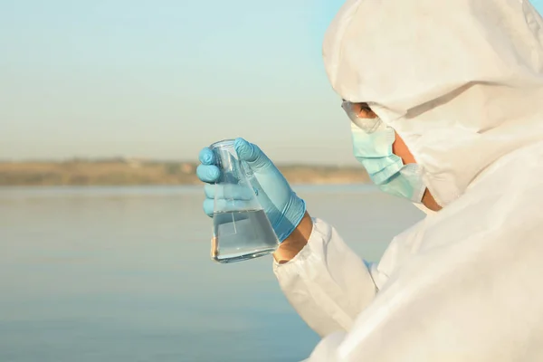 Scientist Chemical Protective Suit Conical Flask Taking Sample River Analysis — Stock Photo, Image