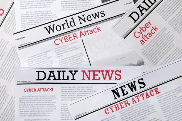 Jornais Com Manchetes Cyber Attack Como Fundo Close — Fotografia de Stock