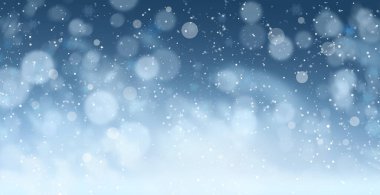 Mavi arka planda soyut kar yağışı, bokeh etkisi. Pankart tasarımı 
