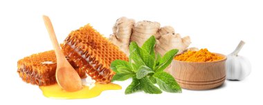 Taze ürünler, beyaza izole edilmiş doğal antibiyotiklerdir. Pankart tasarımı