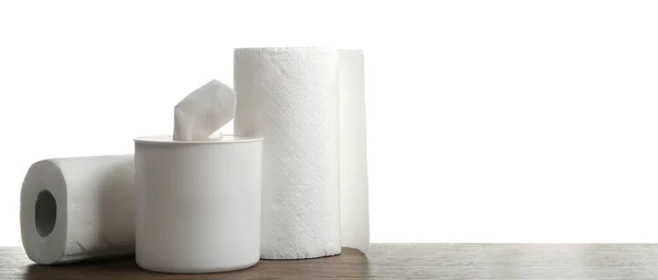 Different Clean Paper Tissues Wooden Table — Stock Photo, Image