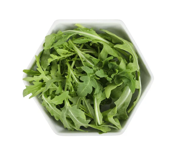 Läcker Färsk Ruccola Skål Isolerad Vit Ovanifrån — Stockfoto