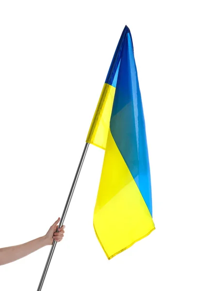 Woman Holding National Flag Ukraine White Background Closeup — Stock Photo, Image