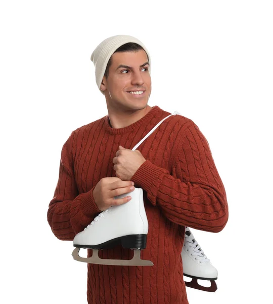 Homem Feliz Com Patins Gelo Fundo Branco — Fotografia de Stock