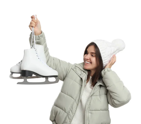 Mujer Feliz Con Patines Hielo Sobre Fondo Blanco —  Fotos de Stock