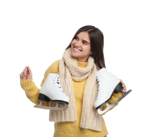 Mujer Feliz Con Patines Hielo Sobre Fondo Blanco — Foto de Stock