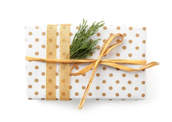 Christmas Gift Box Decorated Fir Branch Isolated White Top View — Stock Photo, Image