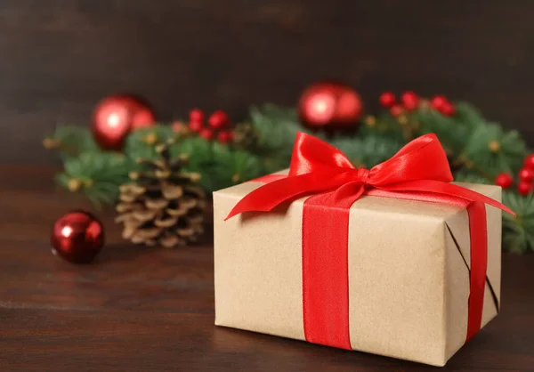 Christmas Gift Box Wooden Table Closeup — Stock Photo, Image
