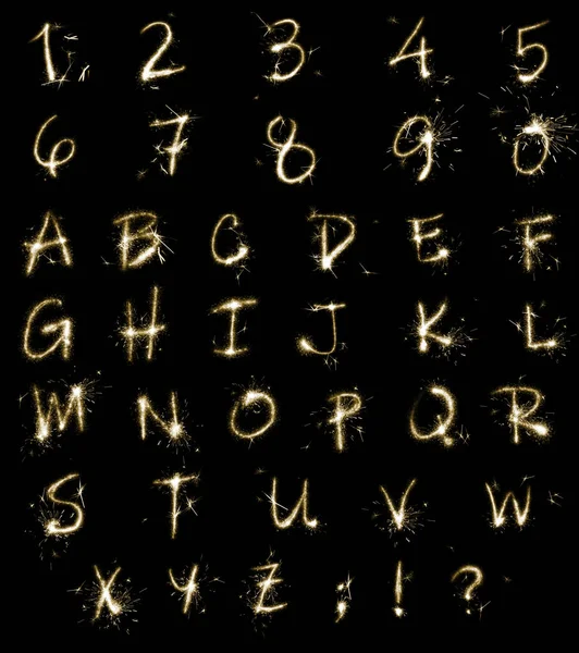 Set Letters Numbers Made Sparkler Black Background — Stock Photo, Image