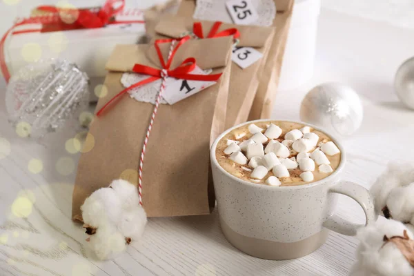 Christmas Gifts Cup Marshmallow Cocoa Festive Decor White Wooden Table — Stock Photo, Image