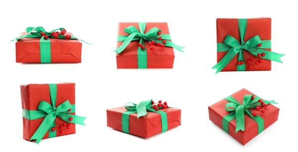 白い背景にクリスマスギフトボックスとコラージュ 異なる側面からの眺め バナーデザイン — ストック写真