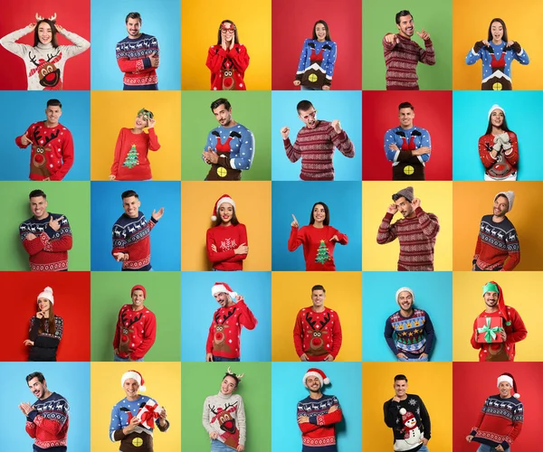 Collage Photos Men Women Different Christmas Sweaters Color Backgrounds — Stock Photo, Image