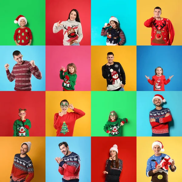 Collage Photos Adults Children Different Christmas Sweaters Color Backgrounds — Stock Photo, Image