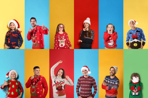 Collage Photos Adults Children Different Christmas Sweaters Color Backgrounds — Stock Photo, Image