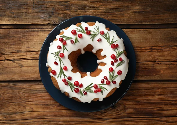 Gâteau Noël Traditionnel Fait Maison Sur Table Bois Vue Dessus — Photo