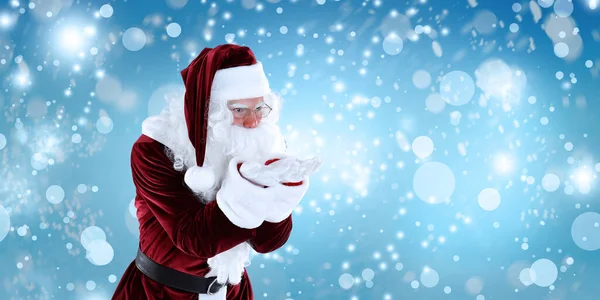 Santa Claus Blowing Magic Snow Bokeh Effect Space Text — Stock Photo, Image