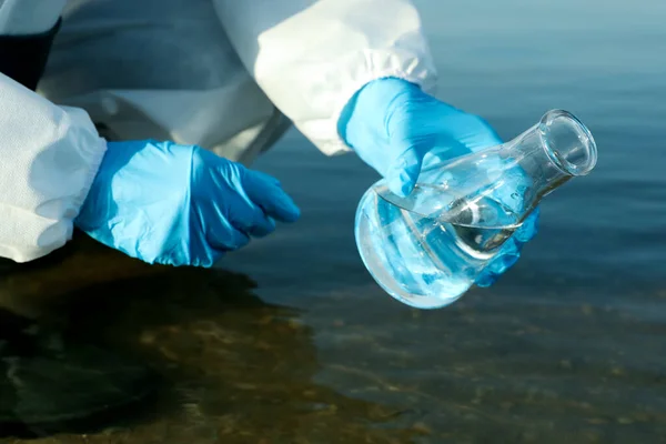 Scientist Chemical Protective Suit Conical Flask Taking Sample River Analysis — Stock Photo, Image