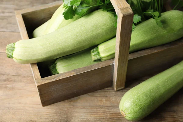 Crate Ripe Zucchinis Wooden Table Closeup — Stock Photo, Image