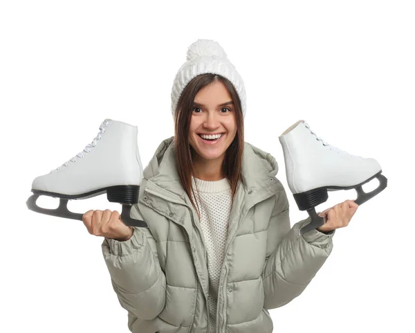 Happy Woman Ice Skates White Background — Stock Photo, Image