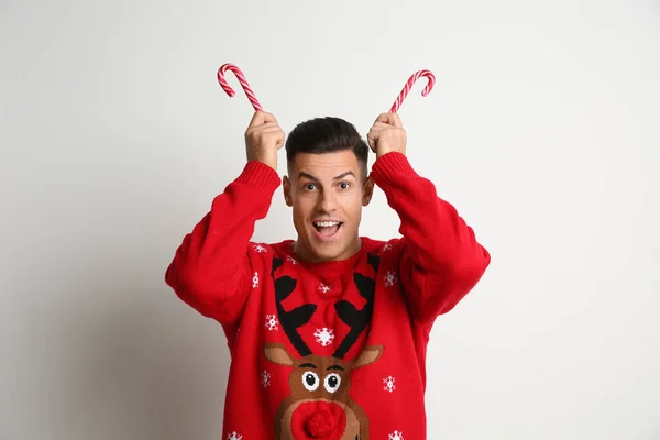 Funny Man Christmas Sweater Candy Canes White Background — Stock Photo, Image