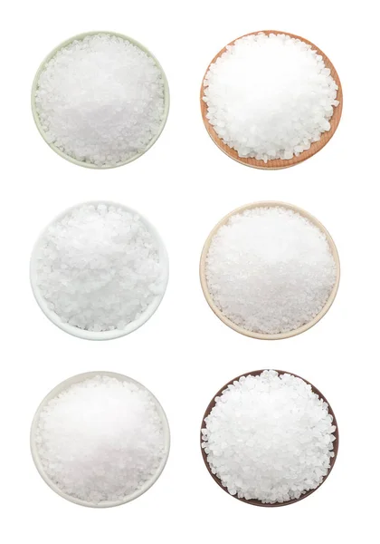 Uppsättning Skålar Med Salt Vit Bakgrund Ovanifrån — Stockfoto