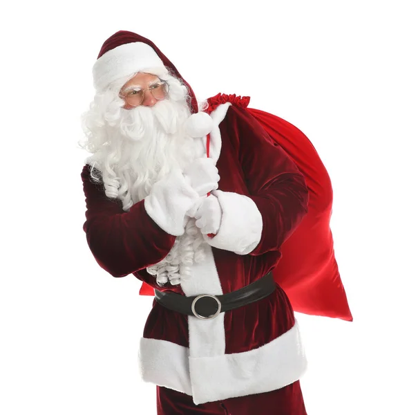 Santa Claus Con Saco Sobre Fondo Blanco — Foto de Stock