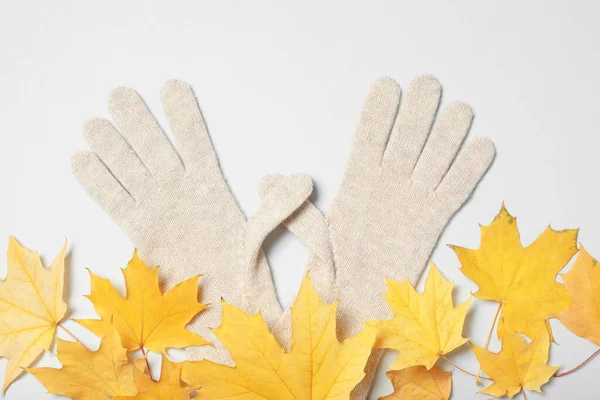 スタイリッシュなウールの手袋と白い背景の乾燥した葉 トップビュー — ストック写真