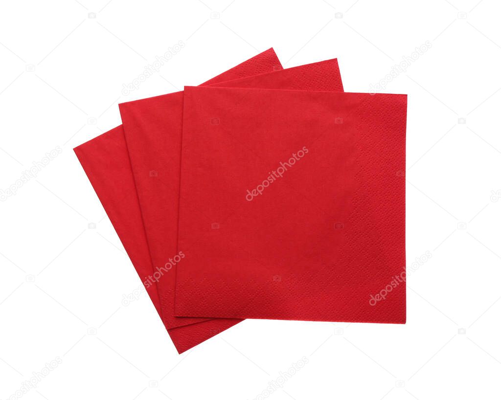 Red clean paper tissues on white background, top view