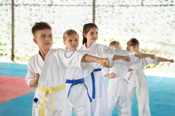 Dzieci Kimono Ćwiczące Karate Tatami Świeżym Powietrzu — Zdjęcie stockowe