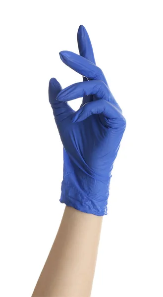 Woman Blue Latex Gloves Holding Something White Background Closeup Hand — Stock Photo, Image