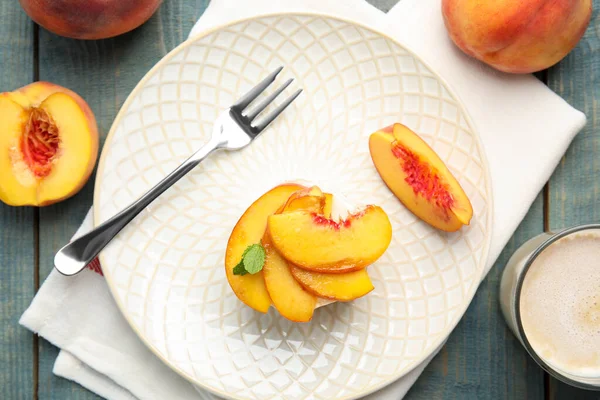 Delicious Peach Dessert Blue Wooden Table Flat Lay — Stock Photo, Image