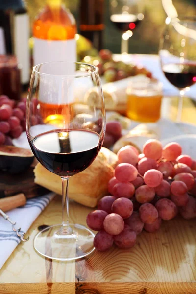 Dışarıdaki Ahşap Masada Piknik Için Kırmızı Şarap Atıştırmalıklar — Stok fotoğraf