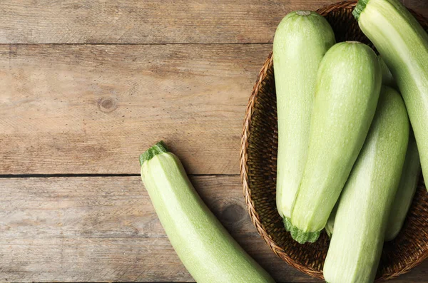 Ripe Zucchinis Wooden Table Flat Lay Space Text — Stock Photo, Image