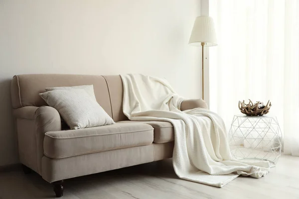 Sofa Nyaman Dengan Bantal Dan Kotak Kotak Dalam Gaya Ruang — Stok Foto