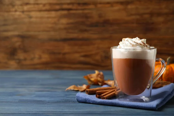 Delicious Pumpkin Latte Blue Wooden Table Space Text — Stock Photo, Image