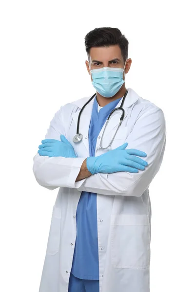 白い背景に対する保護マスクと医療用手袋の医師 — ストック写真