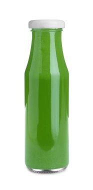 Beyaz üzerine izole edilmiş bir şişe taze kereviz suyu.