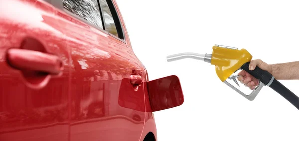 Benzinestation Werknemer Met Brandstof Mondstuk Buurt Van Auto Witte Achtergrond — Stockfoto