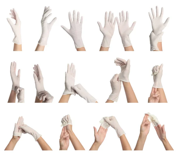 Forma Correcta Quitarse Los Guantes Médicos Collage Con Fotos Mujer — Foto de Stock