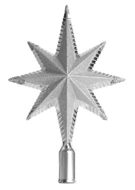 Beautiful silver Christmas tree topper in shape of star isolated on white clipart