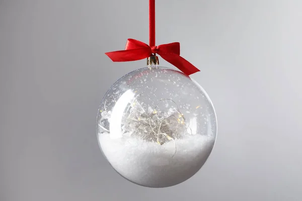 Decorative Snow Globe Hanging Grey Background Closeup — Stock Photo, Image