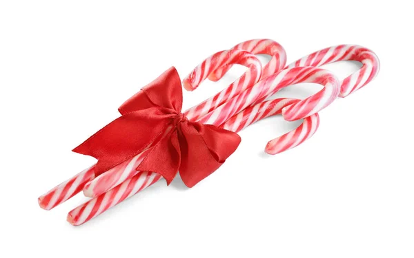 Sweet Christmas Snoepgoed Stokken Met Rode Strik Witte Achtergrond — Stockfoto