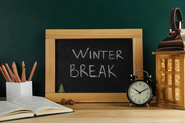 Chalkboard Text Winter Break Alarm Clock School Supplies Wooden Table — Stock Photo, Image