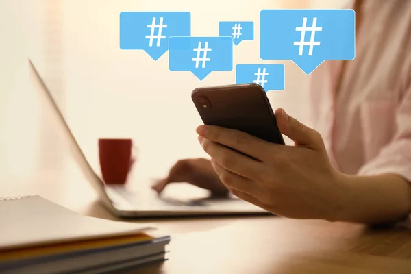 Woman Using Modern Smartphone Laptop Table Closeup Hashtag Symbols Device — Stock Photo, Image