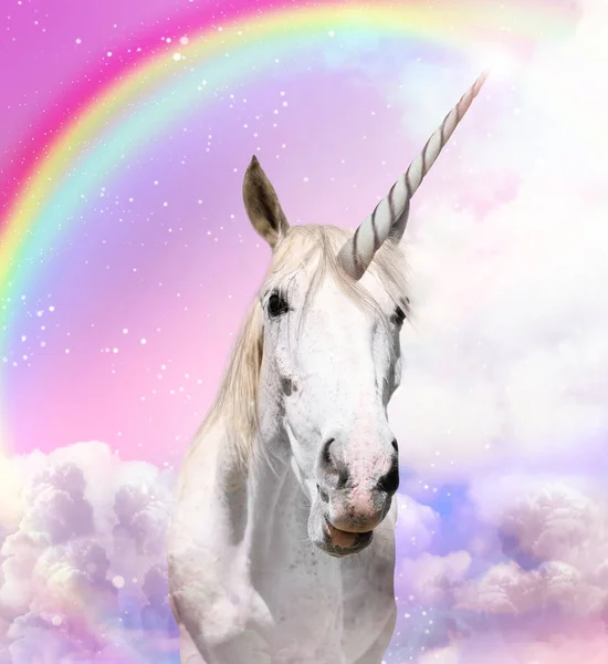 虹とふわふわの雲と美しい空の魔法のユニコーン 幻想世界 — ストック写真