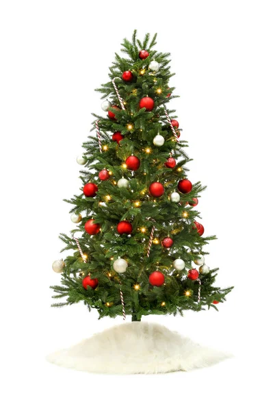 Bela Árvore Natal Decorada Com Saia Fundo Branco — Fotografia de Stock