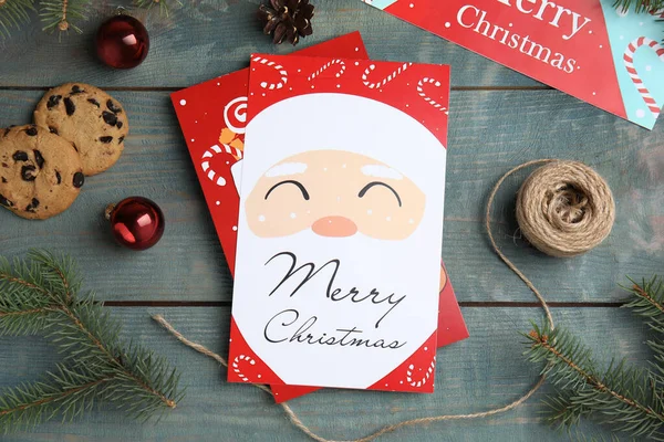 Flat Lay Composition Christmas Cards Light Blue Wooden Background — Stock Photo, Image