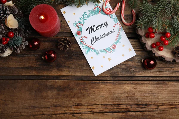 Composizione Laica Piatta Con Cartolina Natale Arredamento Festivo Sfondo Legno — Foto Stock