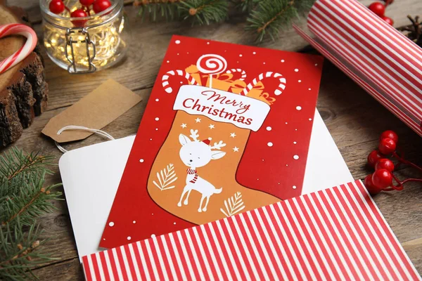 Christmas Card Festive Decor Wooden Background Closeup — Stock Photo, Image