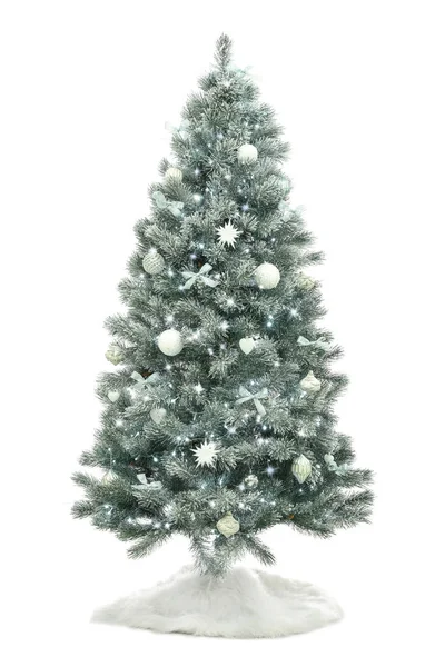 Arbre Noël Décoré Avec Jupe Fausse Fourrure Isolée Sur Blanc — Photo